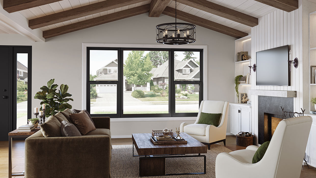 Ply Gem 1500 Vinyl Collection single hung windows with Black coextruded interior finish
